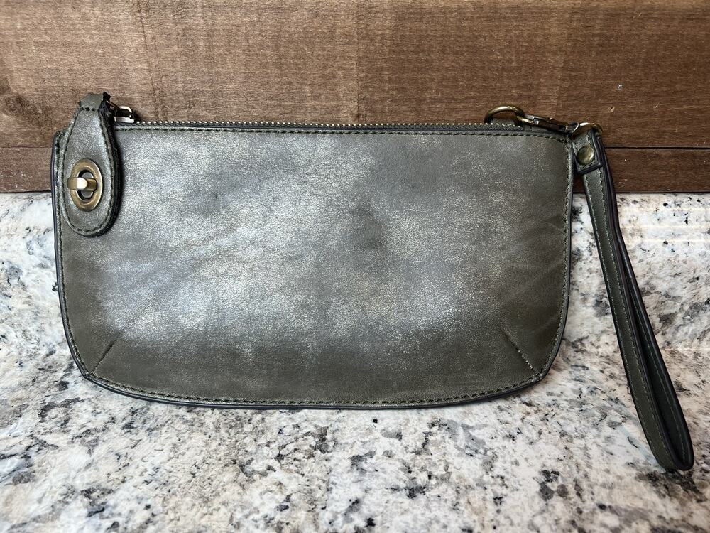 Joy Susan Metalic Gray Gold Wristlet made of Vegan Leather Envelope style clutch